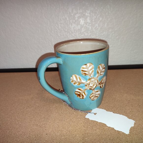 Blue Mug with Coffee Snowflakes Christmas Winter Tea Ceramic Embossed Pattern - Picture 5 of 8